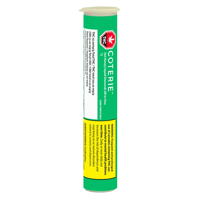 Vertical front view of a green tube labeled Coterie Hot Honey Liquid Diamonds Disposable Vape with warning panels and a THC symbol.