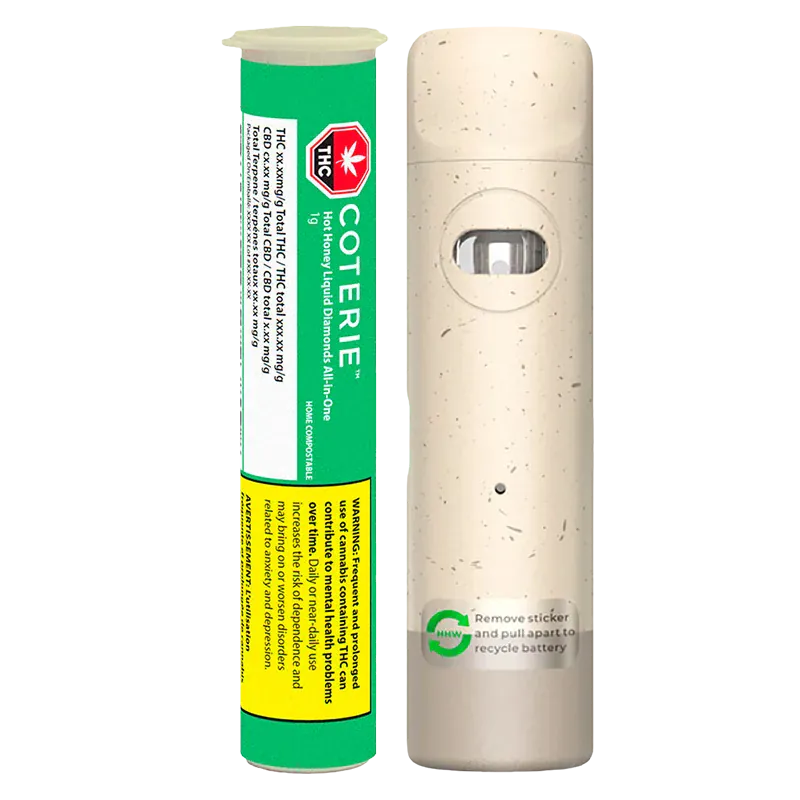 Vertical product shot of the Hot Honey Liquid Diamonds Disposable Vape showing a speckled beige device with a small oval window beside its green and yellow labeled tube.