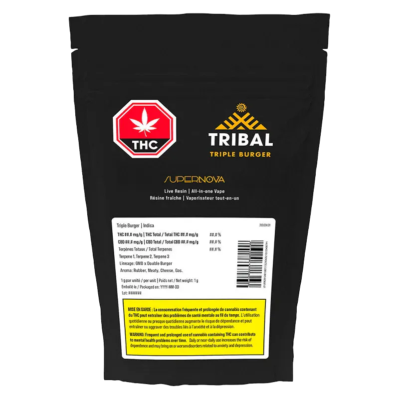 Front-facing shot of the black pouch packaging for Tribal Triple Burger SuperNova Live Resin Disposable Vape showing logo, THC symbol, and label.