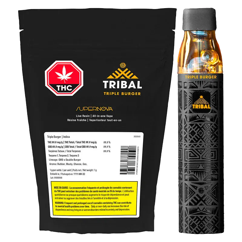 Front-facing shot of the Triple Burger SuperNova Live Resin Disposable Vape 1 g next to its black, gold-accented Tribal packaging on a white background