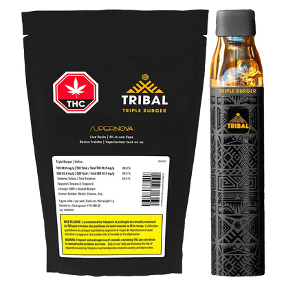 Front-facing shot of the Triple Burger SuperNova Live Resin Disposable Vape 1 g next to its black, gold-accented Tribal packaging on a white background