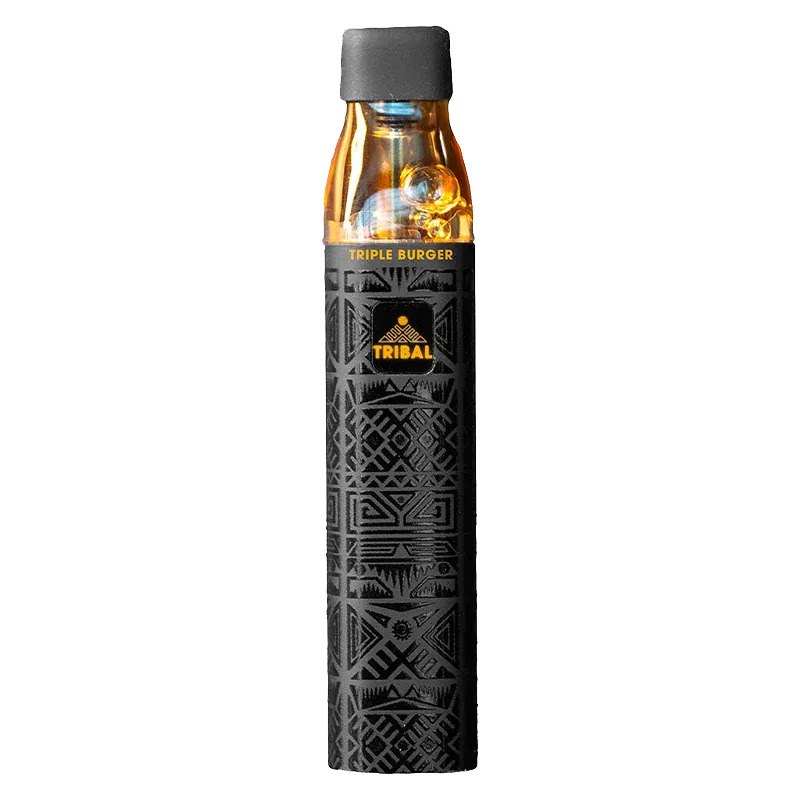 Straight-on studio shot of the Triple Burger SuperNova Live Resin Disposable Vape with a black patterned body and amber top under even lighting