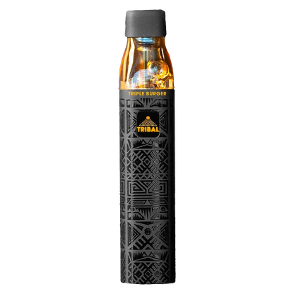 Straight-on studio shot of the Triple Burger SuperNova Live Resin Disposable Vape with a black patterned body and amber top under even lighting
