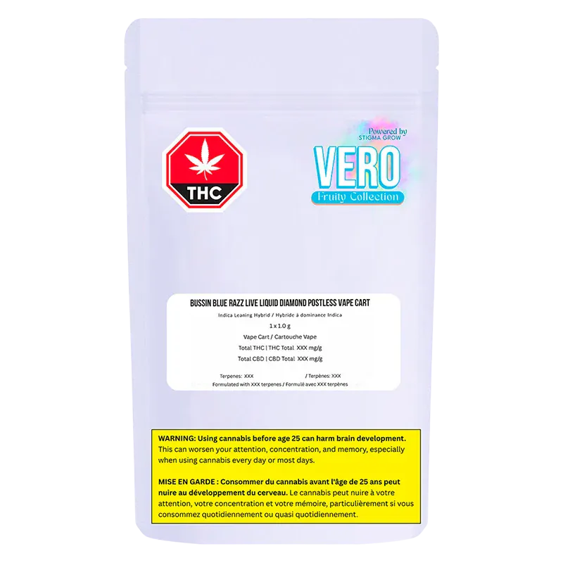Front-facing shot of the pouch packaging labeled "Bussin Blue Razz Live Liquid Diamond Vape Cartridge" on a pale lavender background.