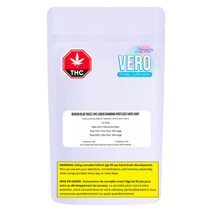 Front-facing shot of the pouch packaging labeled "Bussin Blue Razz Live Liquid Diamond Vape Cartridge" on a pale lavender background.