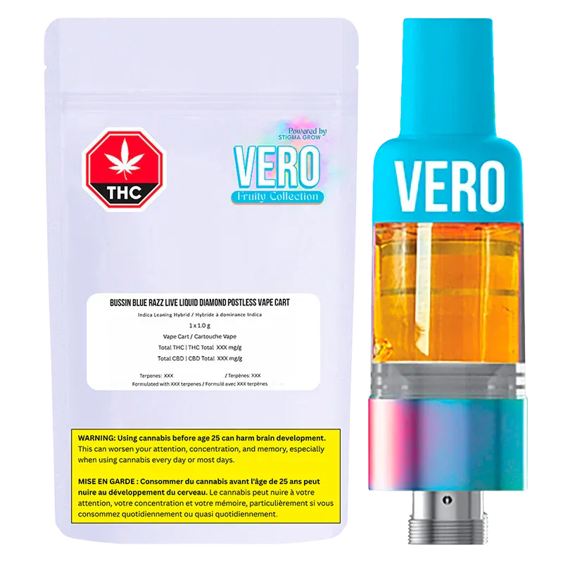 White background photo showing the VERO-branded cartridge and its white foil pouch packaging for Bussin Blue Razz Live Liquid Diamond Vape Cartridge.