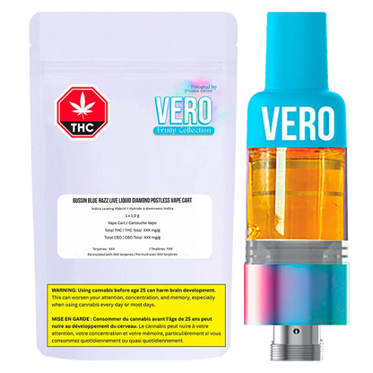 White background photo showing the VERO-branded cartridge and its white foil pouch packaging for Bussin Blue Razz Live Liquid Diamond Vape Cartridge.