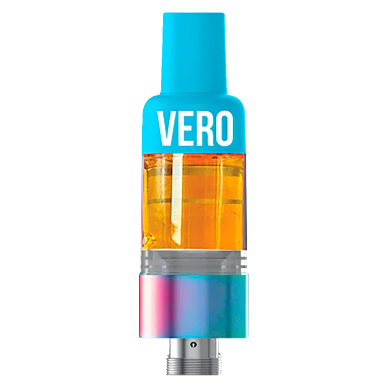 Centered front view of a cartridge with blue mouthpiece labeled VERO containing golden oil, identified as Bussin Blue Razz Live Liquid Diamond Vape Cartridge
