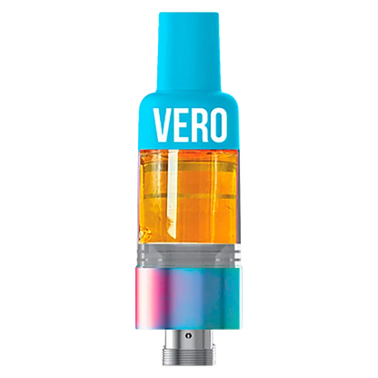 Centered front view of a cartridge with blue mouthpiece labeled VERO containing golden oil, identified as Bussin Blue Razz Live Liquid Diamond Vape Cartridge