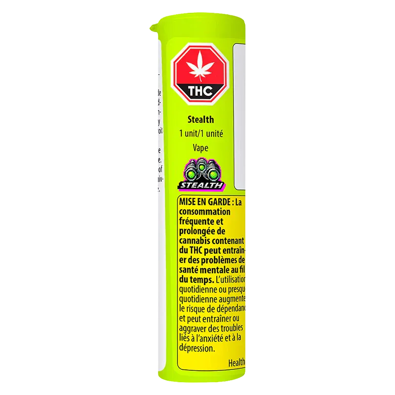 Vertical studio shot of a neon green Stealth Vape Cartridge tube showing a red THC symbol, small Stealth logo and French warning text.