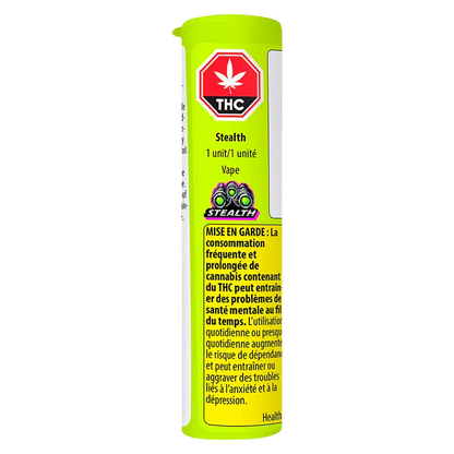Vertical studio shot of a neon green Stealth Vape Cartridge tube showing a red THC symbol, small Stealth logo and French warning text.