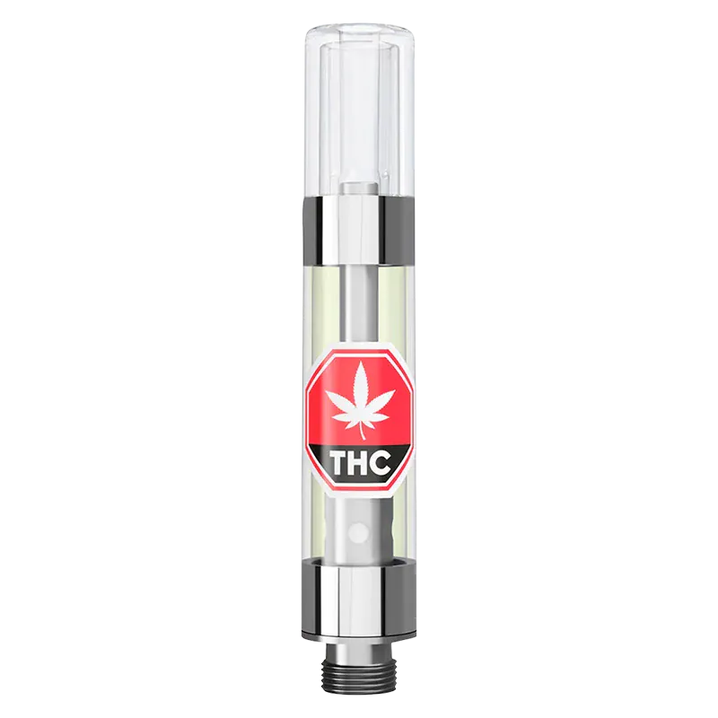 Straight-on view of a clear Stealth Vape Cartridge showing the metal base and mouthpiece with a red THC leaf label centered on the tank.