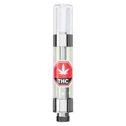 Straight-on view of a clear Stealth Vape Cartridge showing the metal base and mouthpiece with a red THC leaf label centered on the tank.