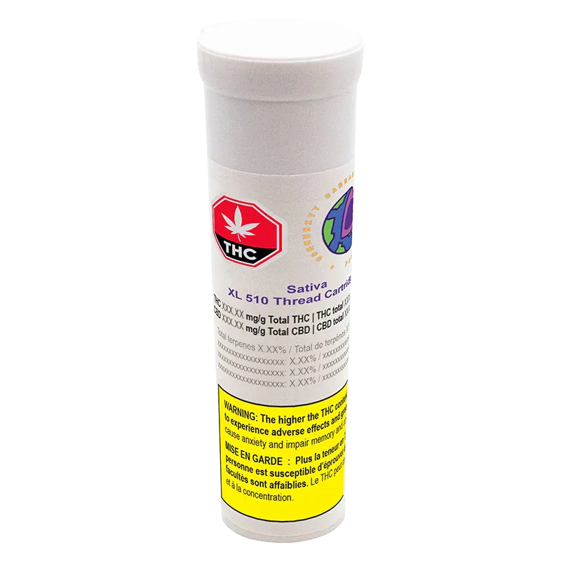 Tall front view of a white Sativa XL Vape Cartridge tube with a THC symbol and yellow warning label visible.