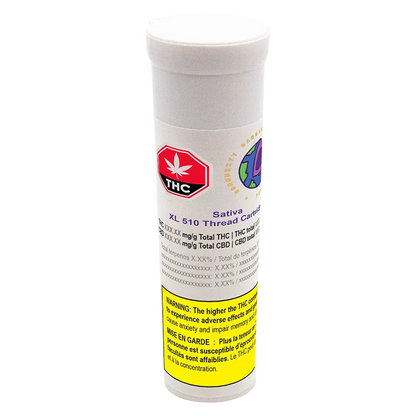 Tall front view of a white Sativa XL Vape Cartridge tube with a THC symbol and yellow warning label visible.