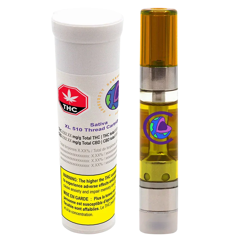 Right-side view of the Sativa XL Vape Cartridge standing next to its white cylindrical label tube, showing the amber oil and colorful logo.