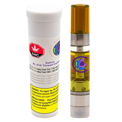 Right-side view of the Sativa XL Vape Cartridge standing next to its white cylindrical label tube, showing the amber oil and colorful logo.