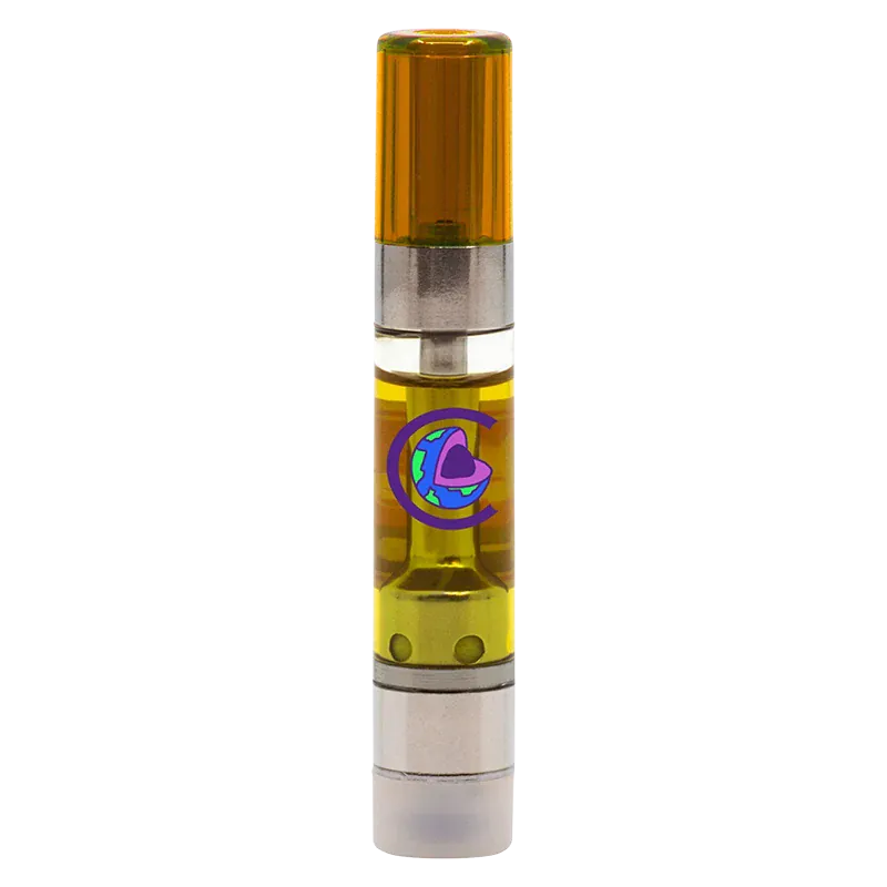Straight-on studio shot of a Sativa XL Vape Cartridge standing upright with amber oil and a colorful circular logo on a white background