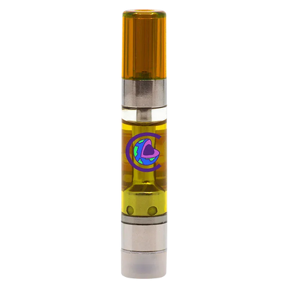 Straight-on studio shot of a Sativa XL Vape Cartridge standing upright with amber oil and a colorful circular logo on a white background