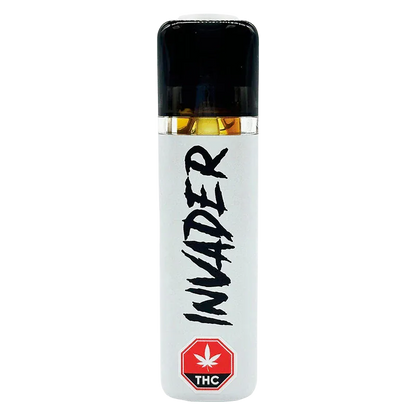 Center-frontal view of a white Pure Live Rosin Bar Disposable Vape with black cap, vertical "INVADER" text and red THC octagon near the base