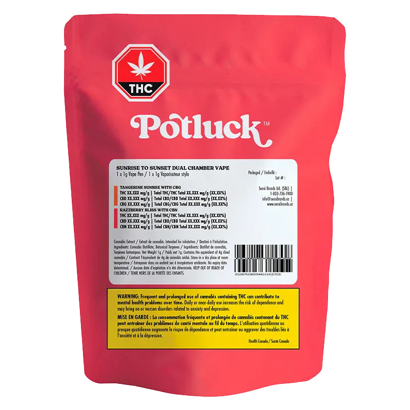 Rear view of the red Potluck Sunrise To Sunset Dual Chamber Disposable Vape pouch with white label, barcode, and THC warning panel.