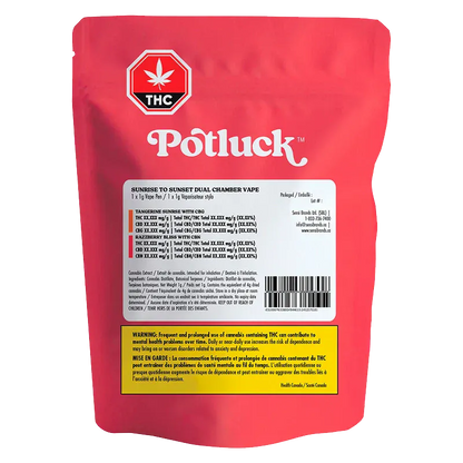 Rear view of the red Potluck Sunrise To Sunset Dual Chamber Disposable Vape pouch with white label, barcode, and THC warning panel.