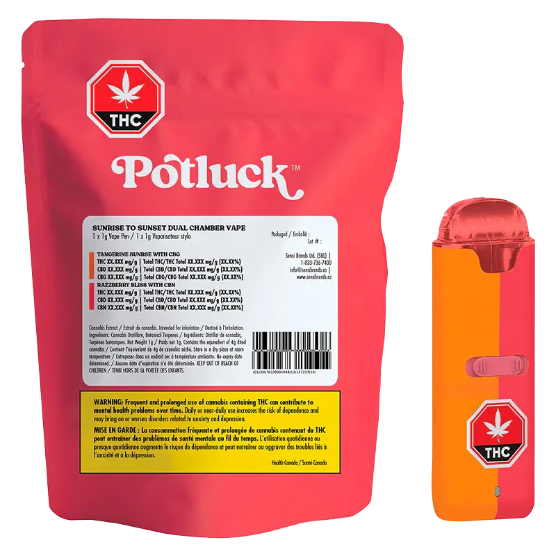 Front-facing shot of a red pouch and matching orange-red device labeled "Sunrise To Sunset Dual Chamber Disposable Vape" showing branding, warning panel, and a THC symbol.