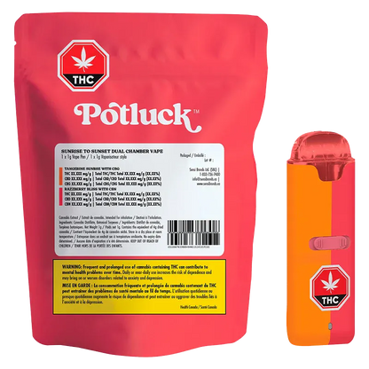 Front-facing shot of a red pouch and matching orange-red device labeled "Sunrise To Sunset Dual Chamber Disposable Vape" showing branding, warning panel, and a THC symbol.