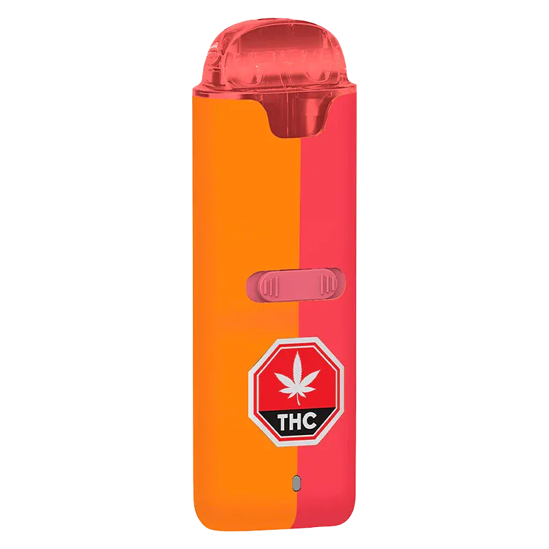 Front-facing view of the Sunrise To Sunset Dual Chamber Disposable Vape showing an orange-and-pink split body, translucent red mouthpiece, and a THC warning badge.