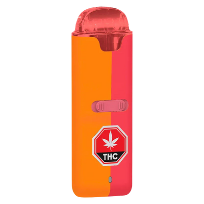 Front-facing view of the Sunrise To Sunset Dual Chamber Disposable Vape showing an orange-and-pink split body, translucent red mouthpiece, and a THC warning badge.