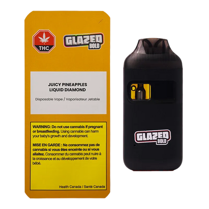 Packshot showing the Juicy Pineapples Disposable Vape box and a black device side-by-side, front view with the Glazed Bold logo visible.