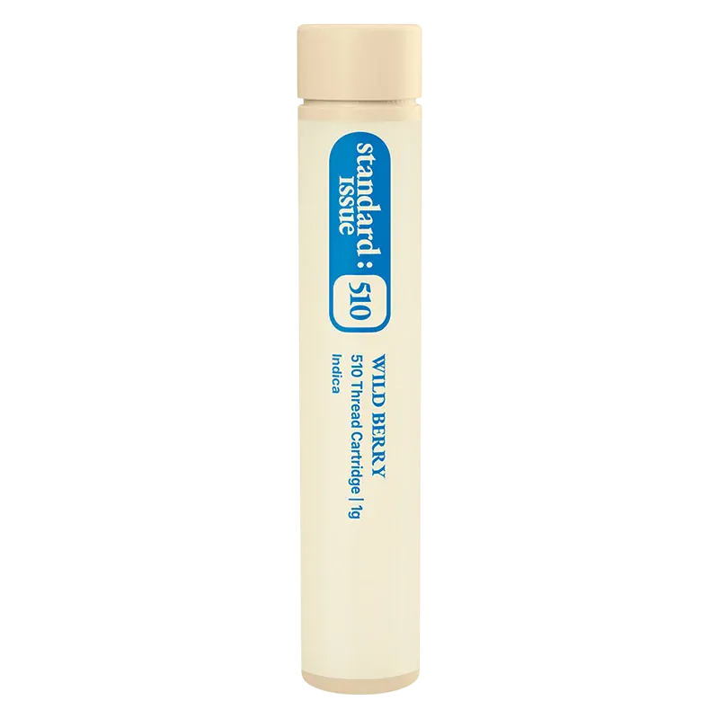 Tall, centered tube packaging photographed against white, labeled "Wild Berry Vape Cartridge" in blue vertical text with a beige cap.
