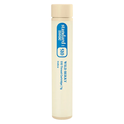 Tall, centered tube packaging photographed against white, labeled "Wild Berry Vape Cartridge" in blue vertical text with a beige cap.