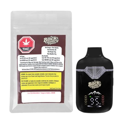 Front-facing shot of the Red Dragon x Blue Bandita Live Rosin Chamber Disposable Vape and its labeled Back Country Organics pouch against a white background.