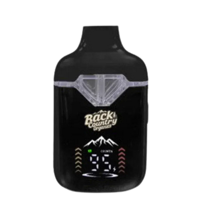 Front-facing shot of the Red Dragon x Blue Bandita Live Rosin Chamber Disposable Vape on a white background showing its black body, translucent top, and illuminated digital display.