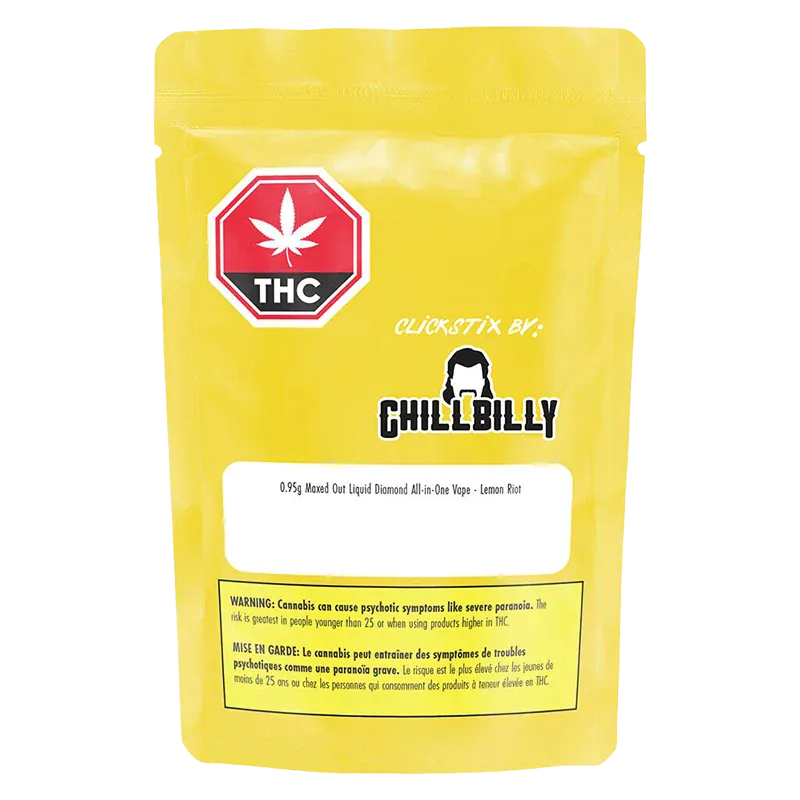 Front-facing photo of a yellow pouch labeled Maxed Out Liquid Diamond Disposable Vape with a red THC stop sign and ChillBilly logo centered on a white background