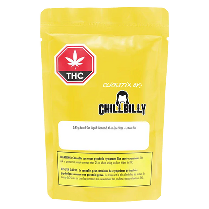 Front-facing photo of a yellow pouch labeled Maxed Out Liquid Diamond Disposable Vape with a red THC stop sign and ChillBilly logo centered on a white background