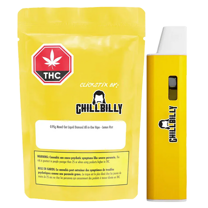 Front view of a yellow Maxed Out Liquid Diamond Disposable Vape standing next to its matching yellow Chillbilly-branded pouch on a white background