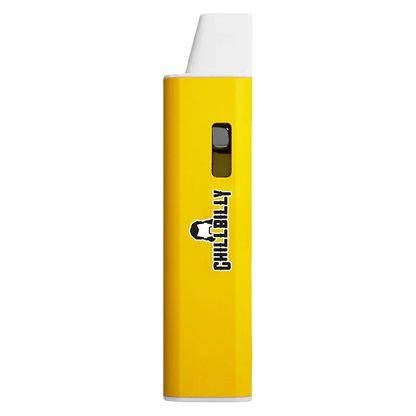 Straight-on view of a bright yellow Maxed Out Liquid Diamond Disposable Vape with white mouthpiece and a small side window.