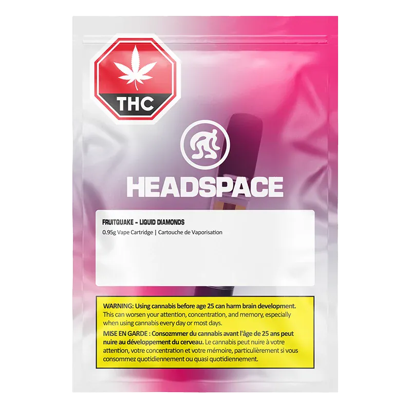 Front-facing shot of the Headspace Fruitquake Liquid Diamond Vape Cartridge pouch with pink gradient background, prominent THC symbol, and warning panel.