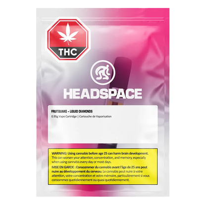 Front-facing shot of the Headspace Fruitquake Liquid Diamond Vape Cartridge pouch with pink gradient background, prominent THC symbol, and warning panel.