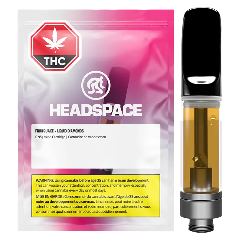 Front-facing product shot of the Headspace Fruitquake Liquid Diamond Vape Cartridge next to its pink-to-purple gradient, resealable pouch.