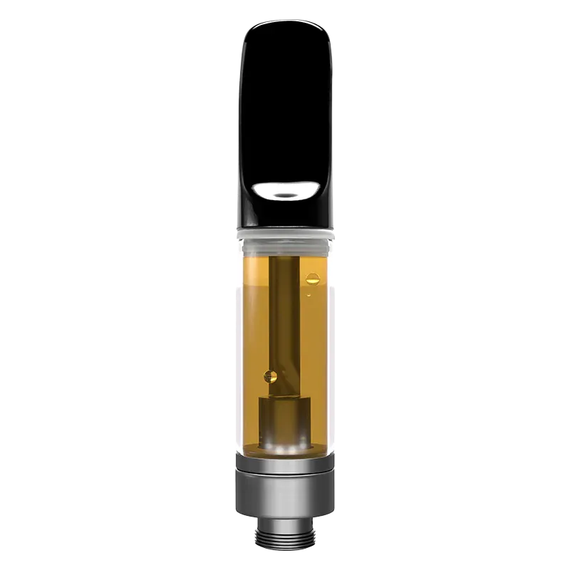 Close-up front view of a Fruitquake Liquid Diamond Vape Cartridge showing the clear tank of amber liquid, black mouthpiece, and silver threaded base.