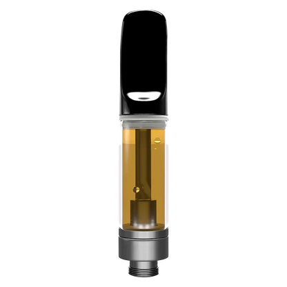 Close-up front view of a Fruitquake Liquid Diamond Vape Cartridge showing the clear tank of amber liquid, black mouthpiece, and silver threaded base.