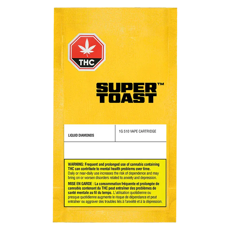 Front-facing image of the bright yellow packaging labeled Super Toast Sour Granny Apple Liquid Diamonds Vape Cartridge with THC emblem and warning box.
