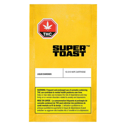 Front-facing image of the bright yellow packaging labeled Super Toast Sour Granny Apple Liquid Diamonds Vape Cartridge with THC emblem and warning box.