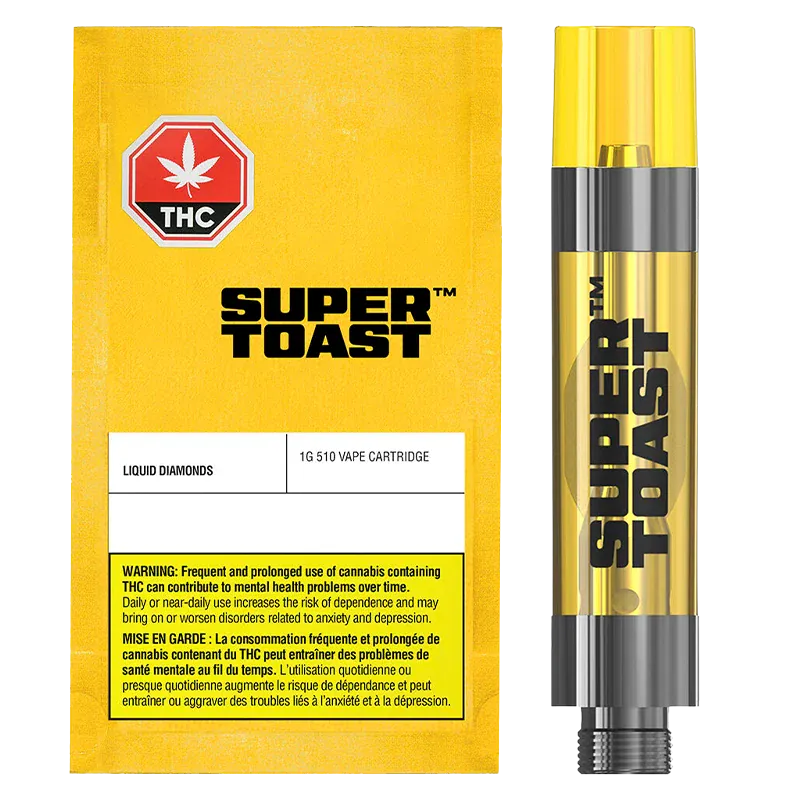 Product-front image of the Sour Granny Apple Liquid Diamonds Vape Cartridge showing a yellow Super Toast branded pouch on the left and a transparent yellow 1g cartridge with "SUPER TOAST" text vertically on the right.