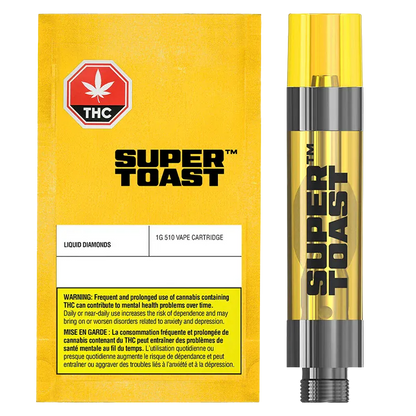 Product-front image of the Sour Granny Apple Liquid Diamonds Vape Cartridge showing a yellow Super Toast branded pouch on the left and a transparent yellow 1g cartridge with "SUPER TOAST" text vertically on the right.