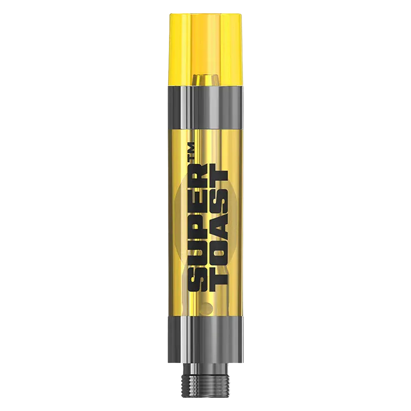 Centered vertical product shot of a yellow cartridge labeled "SUPER TOAST" from the Sour Granny Apple Liquid Diamonds Vape Cartridge with a white background