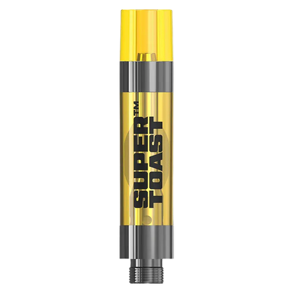 Centered vertical product shot of a yellow cartridge labeled "SUPER TOAST" from the Sour Granny Apple Liquid Diamonds Vape Cartridge with a white background